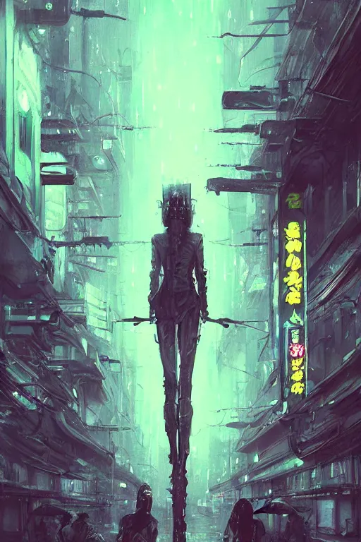 Prompt: rainy tokyo streets at night in the year 2049, cyberpunk concept art by pete mohrbacher and seb mckinnon and beksinski and josan gonzales, digital art, highly detailed, intricate, sci-fi, sharp focus, Trending on Artstation HQ, deviantart, unreal engine 5, 4K UHD image