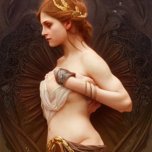 Image similar to portrait of pain goddess, intricate, elegant, highly detailed, digital painting, artstation, concept art, smooth, sharp focus, illustration, art by artgerm and greg rutkowski and alphonse mucha and william - adolphe bouguereau