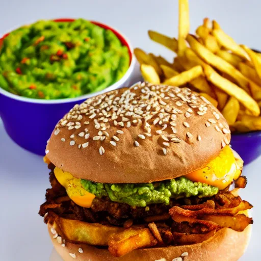 Prompt: vegan hamburger with guacamole topping crispy fried onion topping and fried egg topping next to a bowl of french fries, crispy buns, 8 k resolution, studio lighting, sharp focus, hyper - detailed