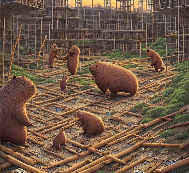 Prompt: photography hyperrealism concept art of highly detailed anthropomorphic beavers builders that building futuristic city with sticks by hasui kawase and scott listfield sci - fi style hyperrealism