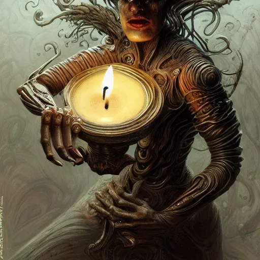 Prompt: low angle shot of a candle by clive barker, intricate, elegant, highly detailed, centered, digital painting, artstation, concept art, smooth, sharp focus, illustration, artgerm, Tomasz Alen Kopera, Peter Mohrbacher donato giancola, Joseph Christian Leyendecker, WLOP, Boris Vallejo.