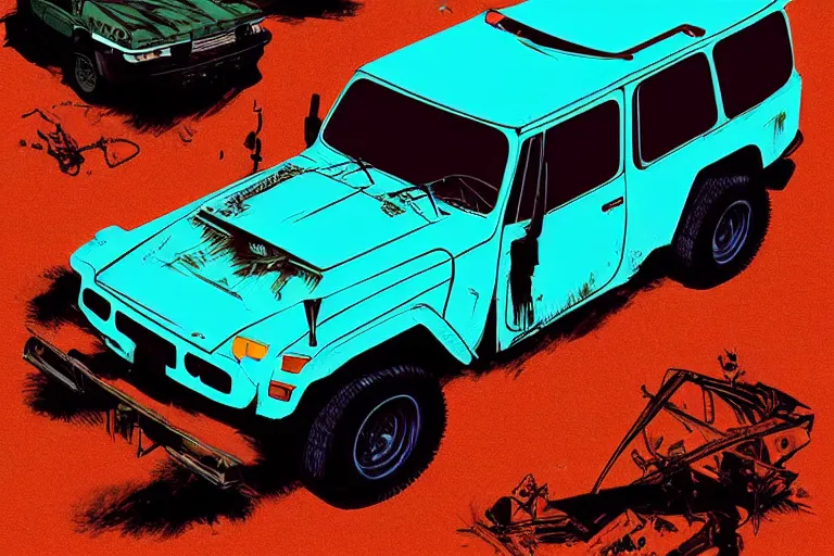 Image similar to digital illustration of a faded cyan mad max's fj 4 0 decrepit!!!! pursuit special, rusty!!! nissan fj cruiser heavily modded 1 9 9 0 s, the last v 8 interceptor by makoto shinkai, ilya kuvshinov, lois van baarle, rossdraws, basquiat