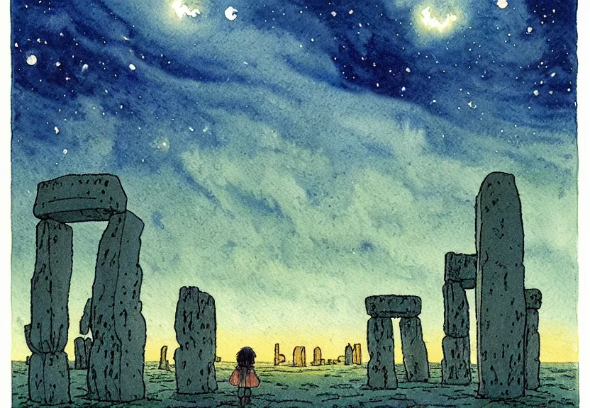 Image similar to a simple watercolor studio ghibli movie still fantasy concept art of a giant druid towering above stonehenge in the ocean. it is a misty starry night. by rebecca guay, michael kaluta, charles vess