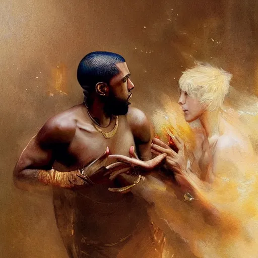 Image similar to a beautiful painting of kanye west fighting pete davidson, rendered art, highly detailed painting by gaston bussiere, craig mullins, j. c. leyendecker 8 k, trending on artstation, art, fighting, watercolor