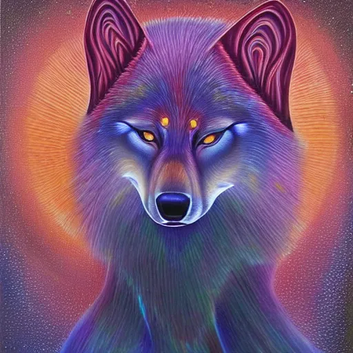 Image similar to enlightened spirit wolf teacher by MICHAEL DIVINE and by AMANDA SAGE in the style of oil painting visionary art, trending on artstation, very coherent symmetrical artwork, oil painting