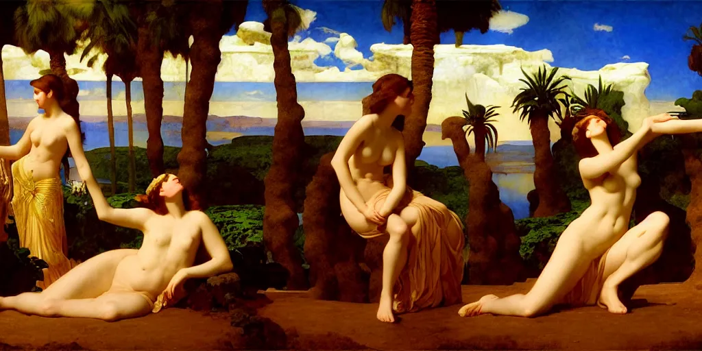 Image similar to an oasis in the middle of the desert, an art deco painting by Frederic Leighton and Daniel Maclise and Rolf Armstrong and Evelyn De Morgan and Bastien Lecouffe-Deharme, dutch golden age, dramatic lighting, high contrast colors, baroque, empyrean, panoramic view, cgsociety, highly detailed, doom engine,