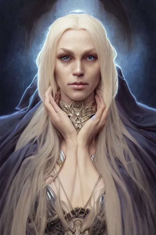 Image similar to portrait of an old blonde elven mage, dark, piercing eyes, gentle expression, elegant clothing, photorealistic, highly detailed, artstation, smooth, sharp focus, art by michael whelan, artgerm, greg rutkowski and alphonse mucha