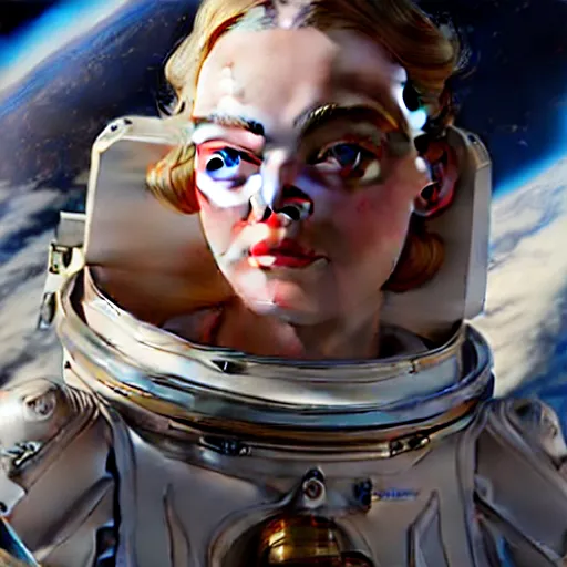 Image similar to leyendecker and peter paul rubens, head and shoulders portrait of a elle fanning in space, unreal engine, fantasy art by global illumination, radiant light, detailed and intricate environment