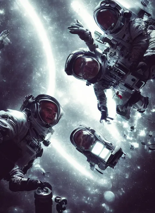 Image similar to complex poster by craig mullins astronauts taking selfie in futuristic dark and empty spaceship underwater selfie! infrared glowing lights. complex and hyperdetailed technical suit. reflection and dispersion materials. rays and dispersion of light. volumetric light. 5 0 mm, f / 3 2. noise film photo. flash photography. unreal engine 4, octane render. interstellar movie art