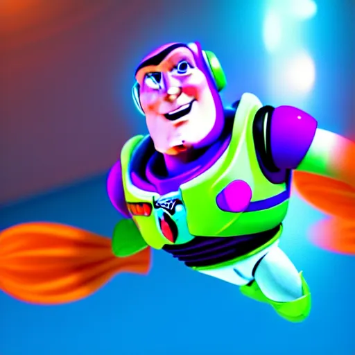 Prompt: buzz lightyear!!! goldfish swimming inside the visor!!! octane render, artistic, vibrant colors, award winning, unreal engine, houdini render, studio light