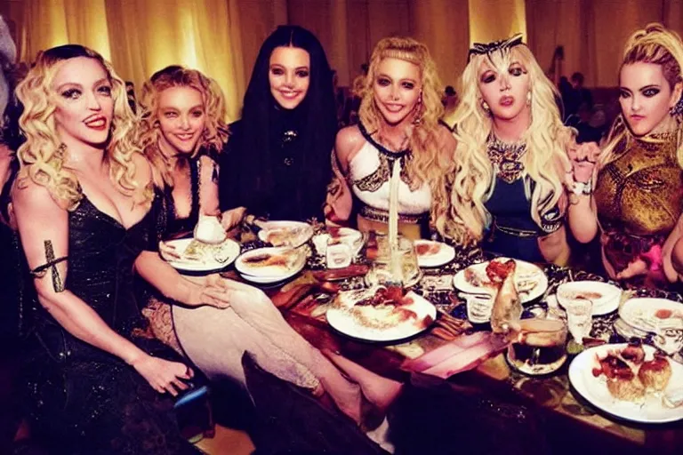 Prompt: Madonna, Britney Spears, Katy Perry, Gaga and Taylor Swift at the last supper