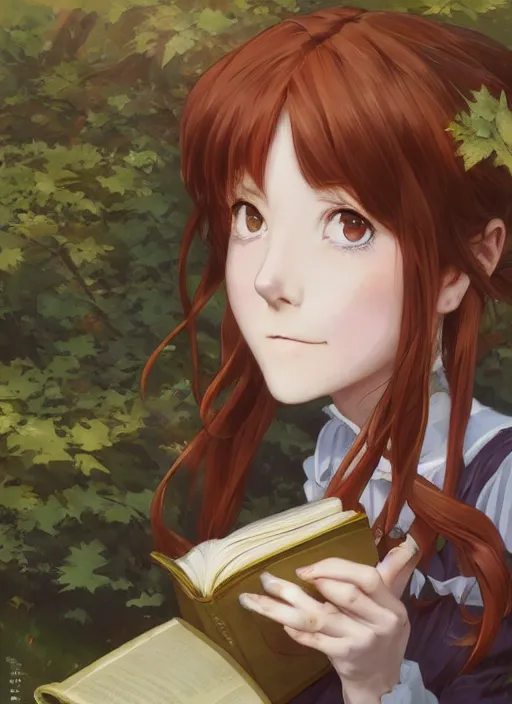 Image similar to a close up of a victorian maid with long flowing auburn hair sitting in a forest reading a book. cute anime eyes. by makoto shinkai, stanley artgerm lau, wlop, rossdraws, james jean, andrei riabovitchev, marc simonetti, krenz cushart, sakimichan, trending on artstation, digital art.