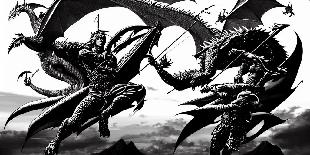 Image similar to archer. dragon. night sky. moon. mountain. dark fantasy. epic fight. detailed. digital art. artstation. by kentaro miura