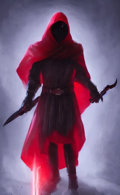 Prompt: a shadow, spectral assassin wearing red and black hood clothes, holding two daggers, with glowing purple eyes, dynamic lighting, photorealistic fantasy concept art, trending on art station, stunning visuals, creative, cinematic, ultra detailed