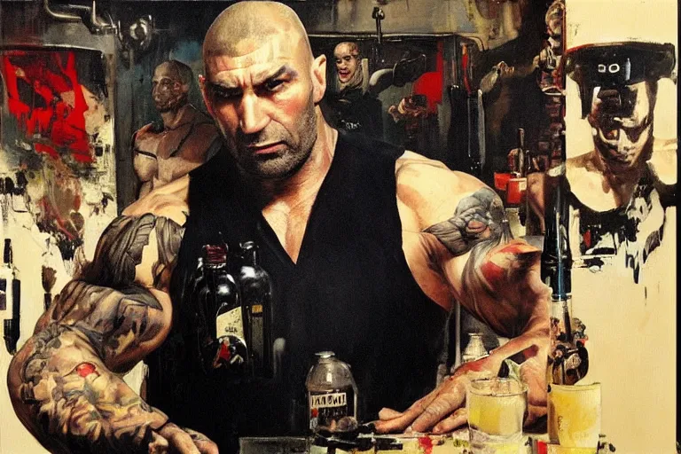 Image similar to dave bautista as replicant sapper morton is offered a drink at a party by dorian yates, painted by phil hale and rick berry and dean cornwell and norman rockwell and jeremy mann