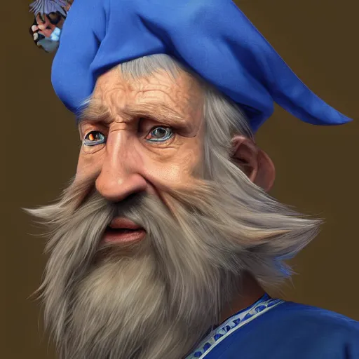 Image similar to character concept art of a kind old wizard with a long white beard looking a confused, holding a pet chicken perched top of his hat, wearing a blue robe, blue eyes, realistic, detailed, trending on ArtStation, by John Howe