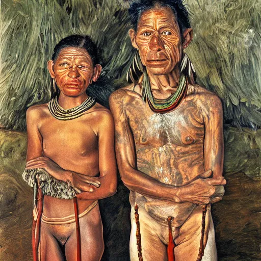 Image similar to high quality high detail painting by lucian freud, hd, portrait of a indigenous tribe couple, photorealistic lighting