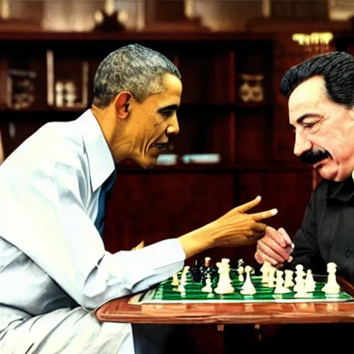 Prompt: obama playing a game of chess with stalin