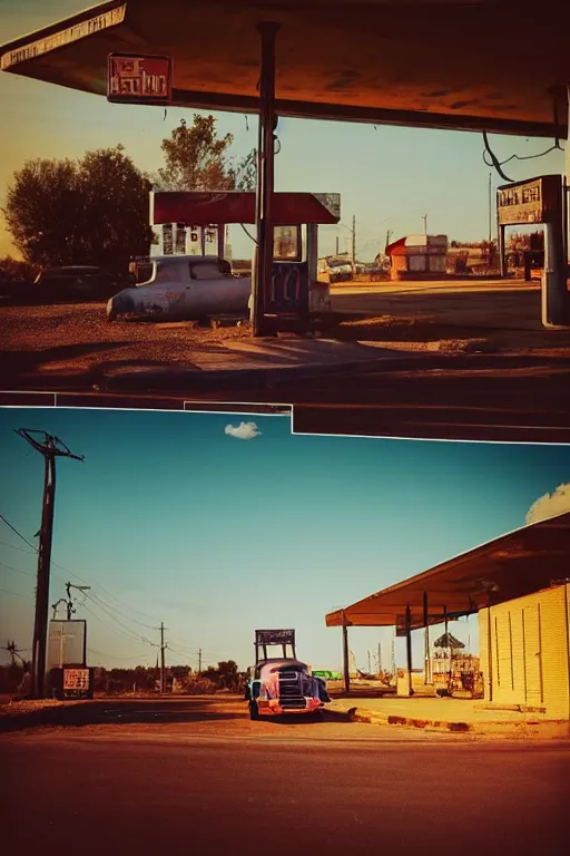 Image similar to a sunset light landscape with historical route 6 6, lots of sparkling details and sun ray ’ s, blinding backlight, smoke, volumetric lighting, colorful, octane, 3 5 mm, abandoned gas station, old rusty pickup - truck, beautiful epic colored reflections, very colorful heavenly, softlight