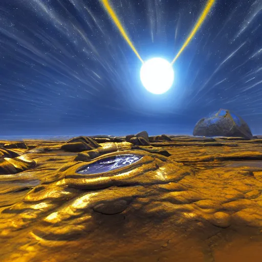 Prompt: realistic photo of a rocky alien planet with water seen from far away with blue and yellow continents, unreal engine, blender.