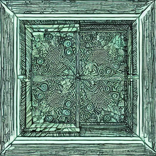 Image similar to annotated highly, detailed and intricate, small square room full of plants, marker concept art style rendering, concept art, half blueprint, trending on artstation, intricate details, center frame, annotations, metalic green, sketch