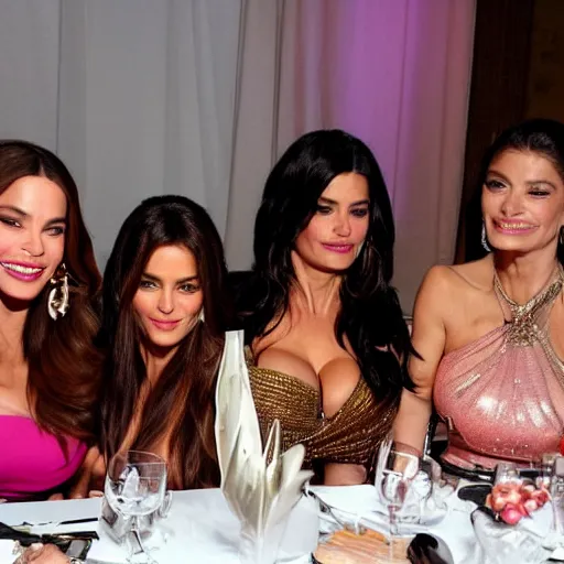 Image similar to candid group photo of sofia vergara and salma hayek and penelope cruz and catherine zeta jones and eva mendes, sitting at a table at an event, laughing