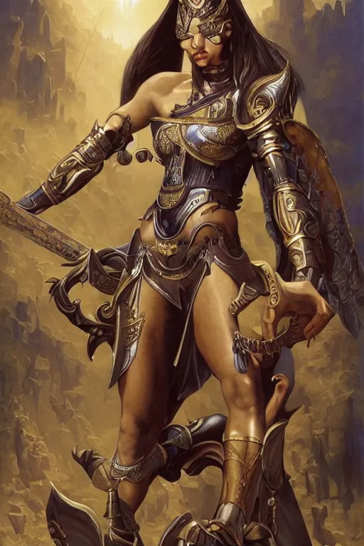 Image similar to full portrait of a beautiful female Anubis warrior, Mystical Valkyrie, Eternal battle, very beautiful, character illustration by Michael Cheval, Regal Realistic Refined, Detailed Digital Art, Oil Painting, William-Adolphe Bouguereau, Art Frahm, Steampunk, Walt Disney (1937), Rossdraws, frank frazetta, dynamic lighting, Highly Detailed, Cinematic Lighting, Unreal Engine, 8k, HD