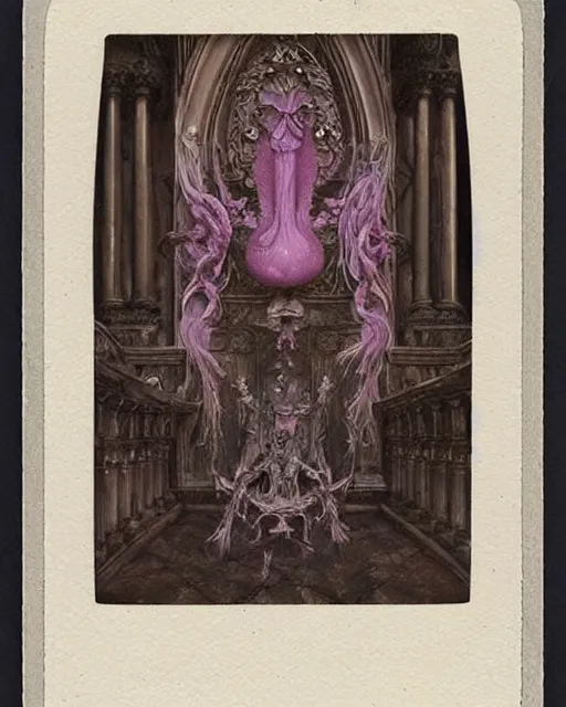 Image similar to a beautiful detailed front view of a dead rotten princess growing ornate baroque, ornamentation, elegant, beautifully soft lit, by wayne barlowe, peter mohrbacher, kelly mckernan, 1 9 1 0 polaroid photography