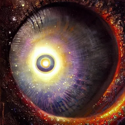 Image similar to low angle shot of a eye with the galaxy in the iris by clive barker, intricate, elegant, highly detailed, centered, digital painting, artstation, concept art, smooth, sharp focus, illustration, artgerm, Tomasz Alen Kopera, Peter Mohrbacher donato giancola, Joseph Christian Leyendecker, WLOP, Boris Vallejo.