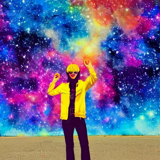 Image similar to celty sturluson in front of colorful galaxy