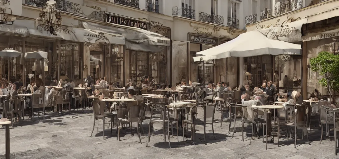 Prompt: a photorealistic render of a parisian cafe at lunch time but all the chairs look like the iron throne, cafe customers, fancy french waiters, ultra detailed face, 8 k, artstation, volumetric lighting, smooth, highly detailed, octane render, by andres rocha and albert bierstadt and greg rutkowski