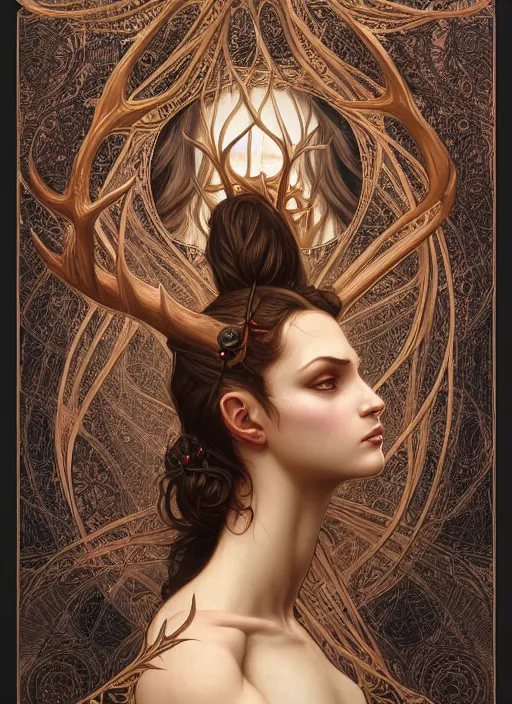 Prompt: symmetry!! portrait of half woman half deer, fantasy, medieval wear, intricate, elegant, highly detailed, digital painting, artstation, concept art, smooth, sharp focus, illustration, art by artgerm and greg rutkowski and alphonse mucha