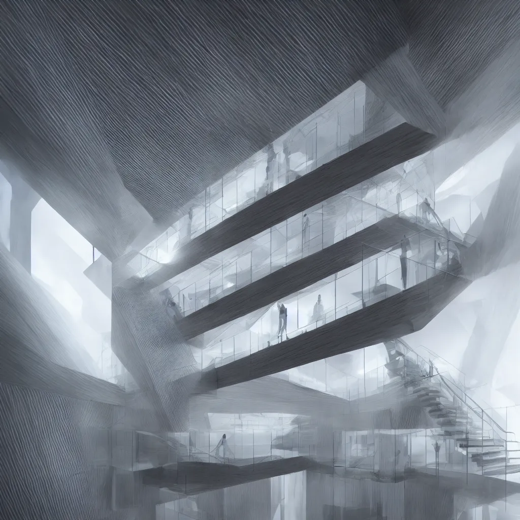 Image similar to a stair tower of light made out of wood, volumetric light, mist, designed by zaha hadid, concept art