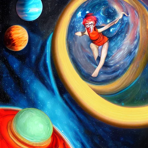 Image similar to hyperdetailed portrait of jade from homestuck floating in space between stars and planets, hyperrealism, detailed, oil painting