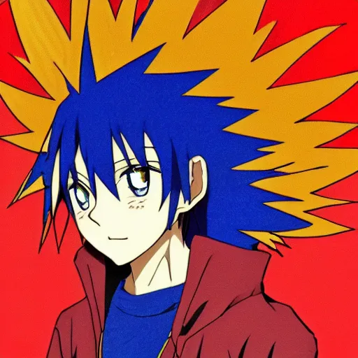 Image similar to orange - haired anime boy, 1 7 - year - old anime boy with wild spiky hair, wearing blue jacket, running past colorful building, red - yellow - blue colored building, turquoise aquamarine windows, strong lighting, strong shadows, vivid hues, ultra - realistic, sharp details, subsurface scattering, intricate details, hd anime, 2 0 1 9 anime