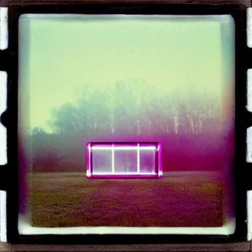 Image similar to a pastel coloured Polaroid photo of a minimalist cubic neon piano made of transparent perspex in a field, beams of light, nostalgic, morning fog, centre-frame