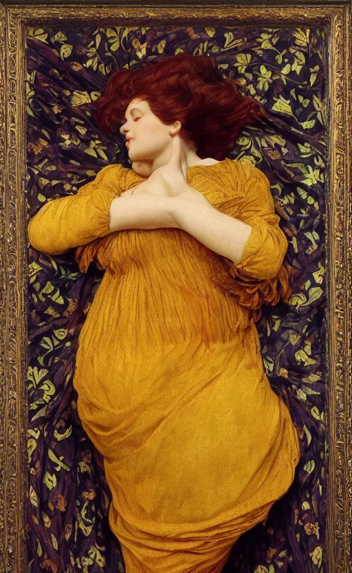 Prompt: preraphaelite full body reclining portrait photography masterpiece hybrid of judy garland and florence welch, foreshortening, brown hair fringe, yellow ochre ornate medieval dress, kilian eng and william holman hunt, frederic leighton, ford madox brown, william morris, framed, 4 k