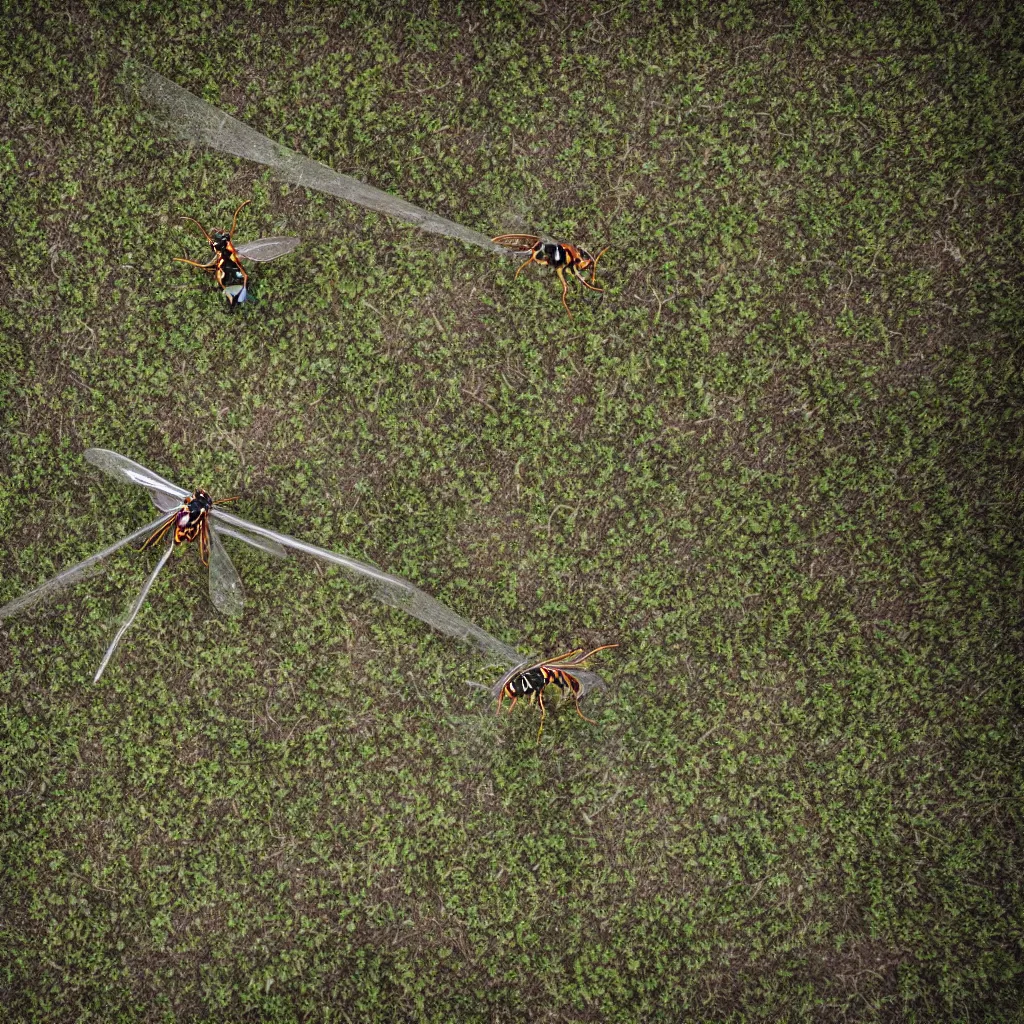 Image similar to biomimetic dronecraft flying over a food forest, killing wasps with a laser in the australian desert, XF IQ4, 150MP, 50mm, F1.4, ISO 200, 1/160s, natural light