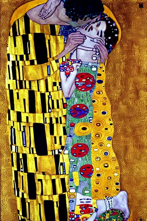 Image similar to gustav klimt the kiss with kissed Nicolas Cage