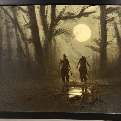 Prompt: an oilpainting of hunters from hunt showdown walking across a swamp at night, horror scene, moon light, bayou, silence, detailed