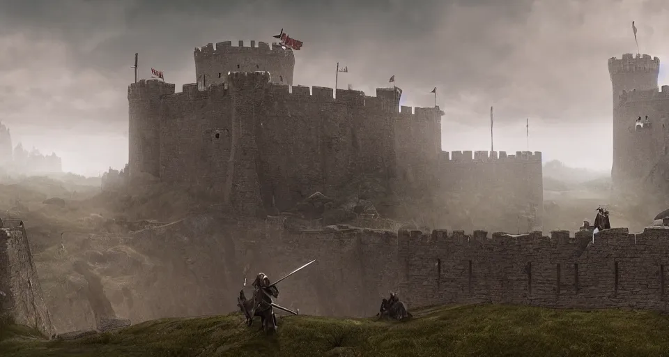 Prompt: ten medieval soldiers atop a castle wall looking over a vast medieval kingdom rule by an evil king. the soldier is ready for battle. it is a somber morning. death is close. prepare for battle. mist, epic, cinematic, volumetric lighting, symmetry, fantasy style, highly - detailed, unreal 5, realism