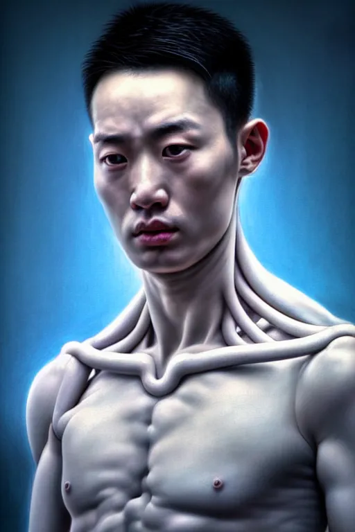 Prompt: hyperrealistic close-up pastel neoclassical exoskeleton! chinese man highly detailed concept art eric zener elson peter cinematic hard blue lighting high angle hd 8k sharp shallow depth of field