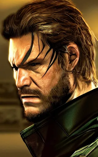 Prompt: portrait photo of big boss, metal gear solid, color, studio lighting, jungle, award - winning photograph