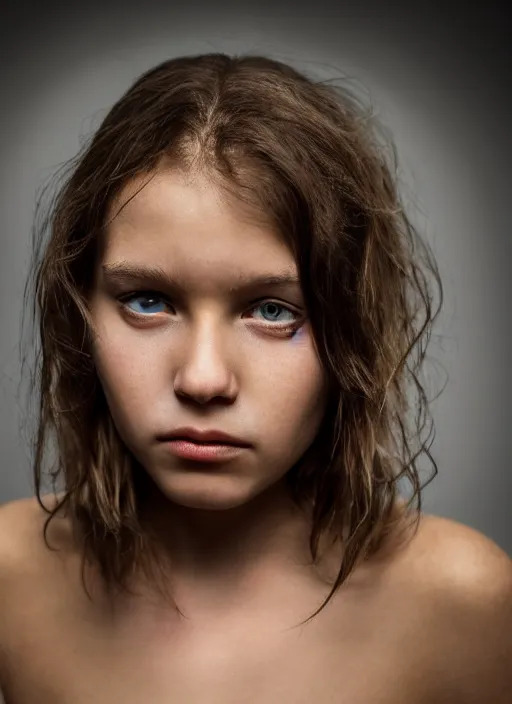 Image similar to photographic Close-up face of a extremely beautiful girl with clear eyes and light brown hair , high light on the left, non-illuminated backdrop, illuminated by a dramatic light, Low key lighting, light dark, High constrast, dramatic , Steve Mccurry, Lee Jeffries , Norman Rockwell, Craig Mulins ,dark background, high quality, photo-realistic, 8K,