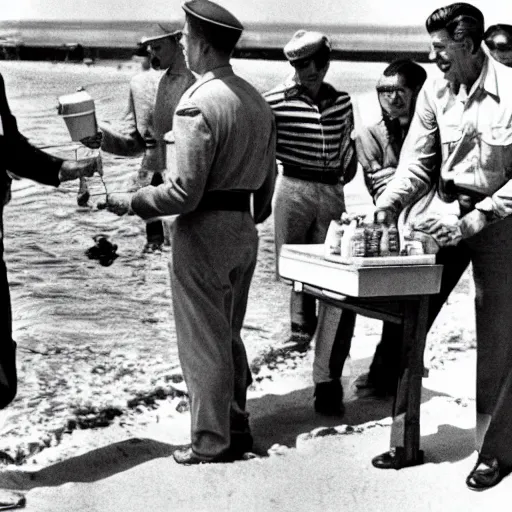 Prompt: Ronald Reagan selling lemonade in the Normandy beaches during D-day, photorealistic, ultra high detail
