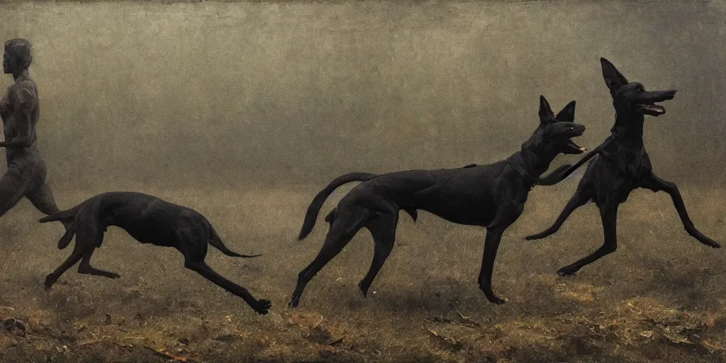 Prompt: black greyhounds running in the night, dark environment, by john charles dollman, nicola samori and andrew wyeth. highly detailed, realistic. dark atmosphere