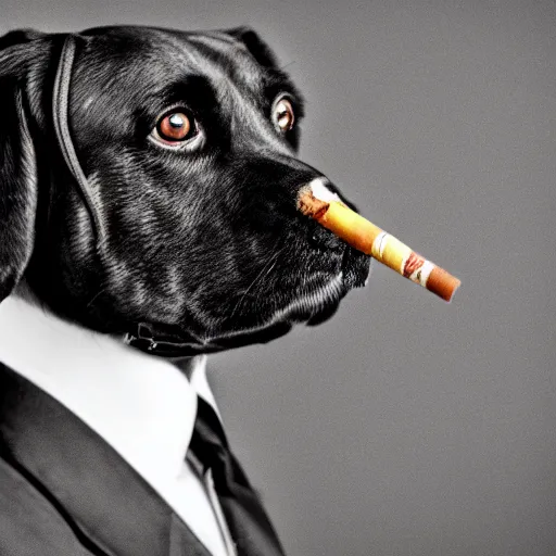 Image similar to a high detail closeup photograph of a dog wearing a suit 👔,and smoking a cigarrette🚬, award wining photograph, digital art