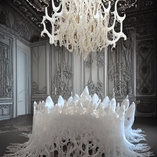 Prompt: Gothic baroque white porcelain room furnished with baroque furniture made of white porcelain and white veils, an intricate chandelier of blown branches forming a cloud, and shattering white porcelain objects, a trap door in the floor is the passage to another dimension, beautiful white ghosts with long robes and intricate white jewels float in the room. trending on artstation, sensual gloomy, volumetric clouds, unreal render, depth of field