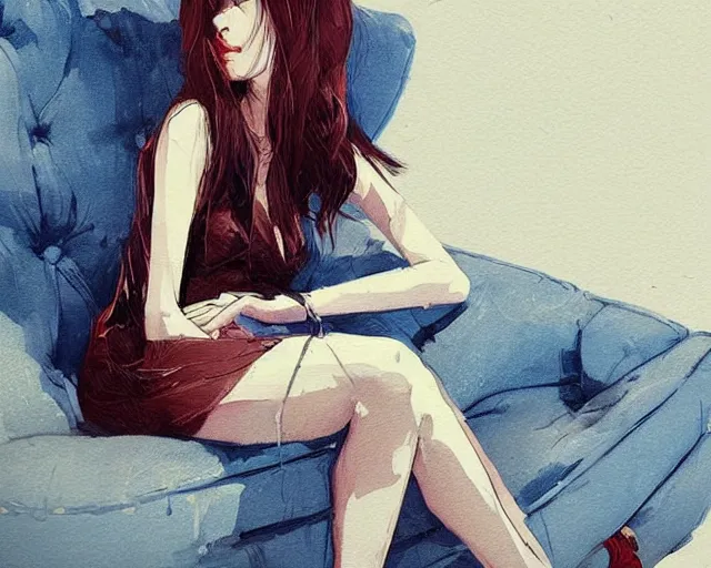 Prompt: a ultradetailed beautiful painting of a stylish woman sitting on a couch, by conrad roset, greg rutkowski and makoto shinkai trending on artstation