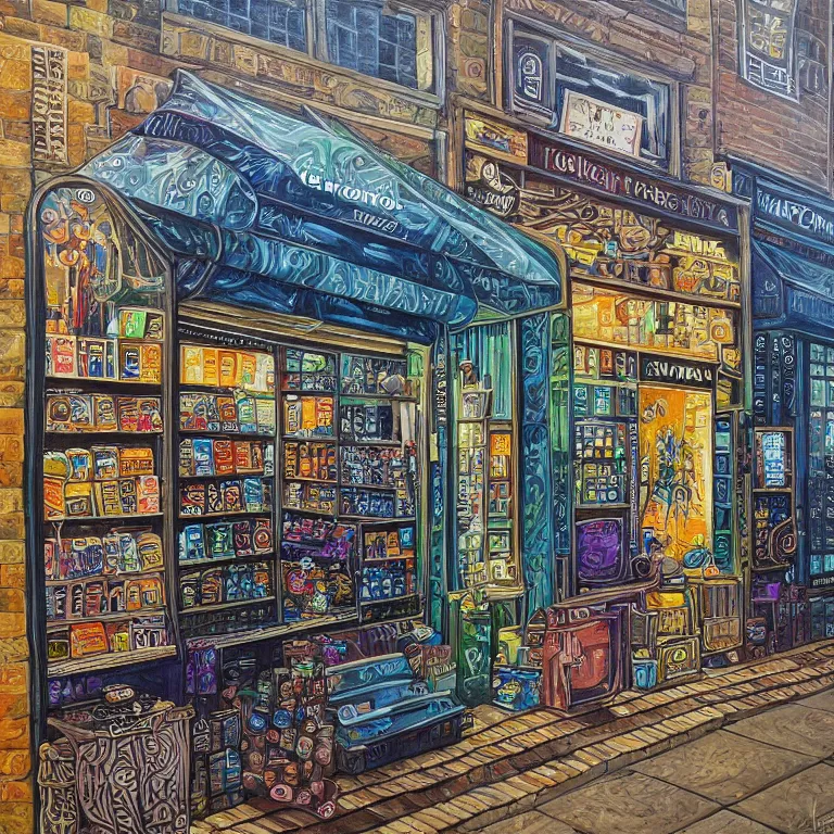 Image similar to modern coin shop. intricately detailed acrylic painting